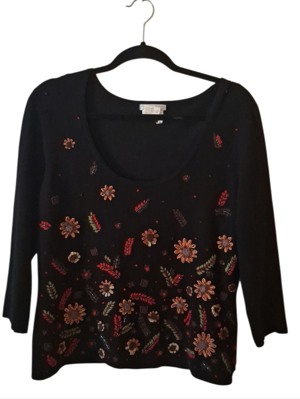 Alberto Makali Black Scoop Neck Embellished Floral Sequin Pullover